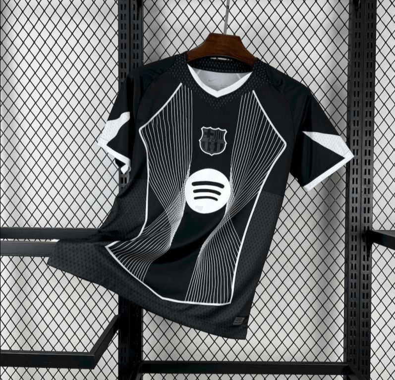 Black Barcelona jersey with white accents and logo, sports fan apparel