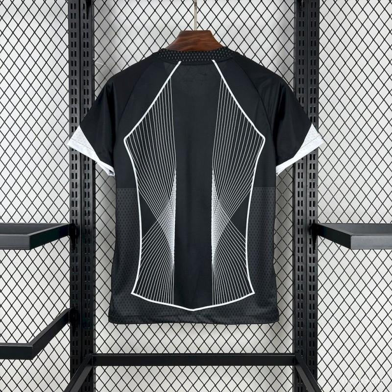 Back view of black Barcelona jersey with white line design, sports fan apparel